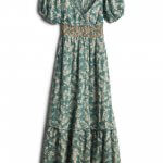 Stitch Fix women’s green and cream floral short-sleeve maxi dress with orange embroidery at the waistline.