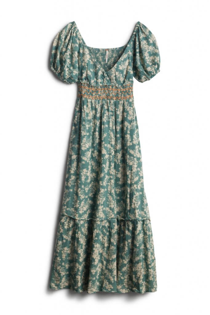 Stitch Fix women’s green and cream floral short-sleeve maxi dress with orange embroidery at the waistline.