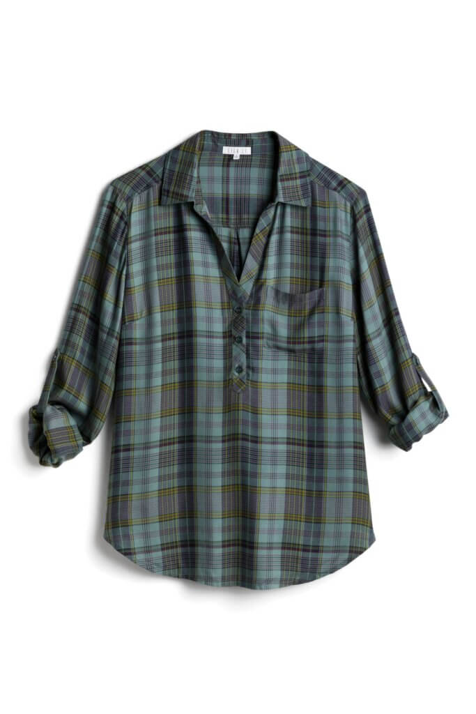 Stitch Fix women’s green plaid roll-tab henley top.
