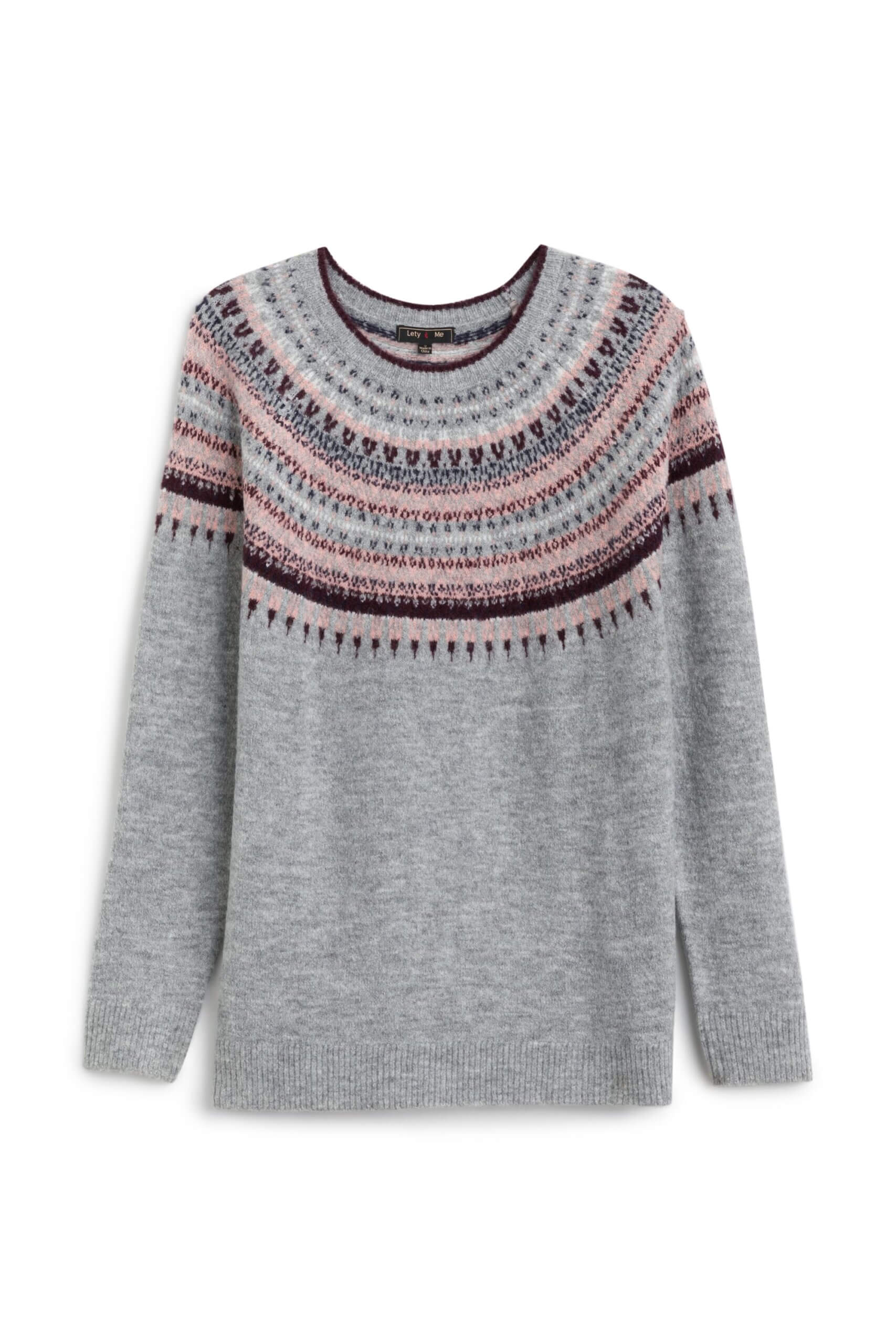 Stitch Fix women’s gray sweater with pink, burgundy and blue Fair Isle print.