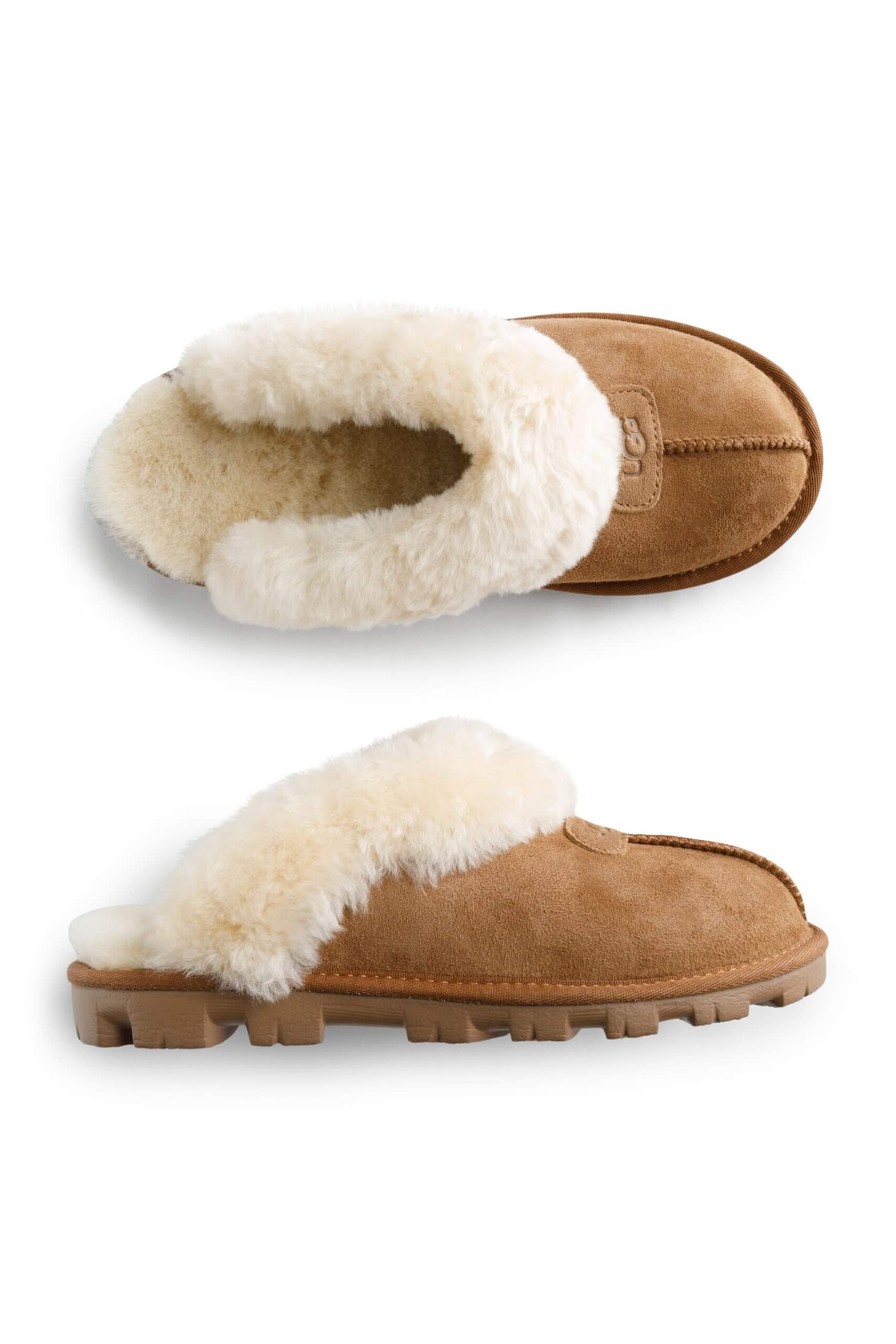 Stitch Fix women's cream and brown sherpa lined slippers.