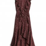 Stitch Fix women’s burgundy and white short-sleeve wrap dress with ruffle neckline.
