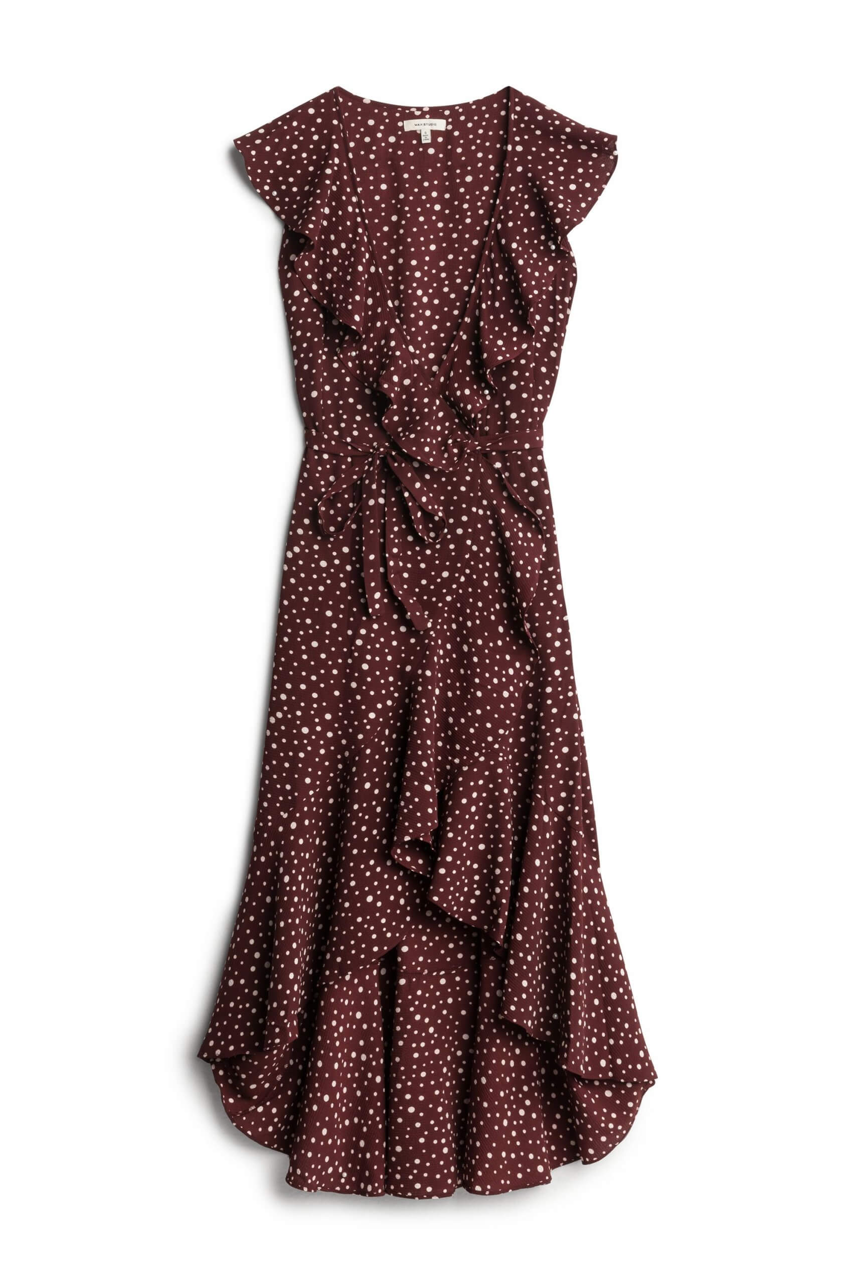 Stitch Fix women’s burgundy and white short-sleeve wrap dress with ruffle neckline.