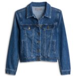 Stitch Fix women’s blue denim jacket with gold buttons.