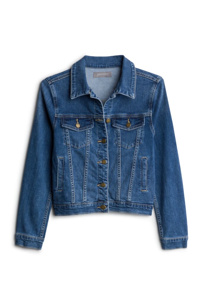 Stitch Fix women’s blue denim jacket with gold buttons.