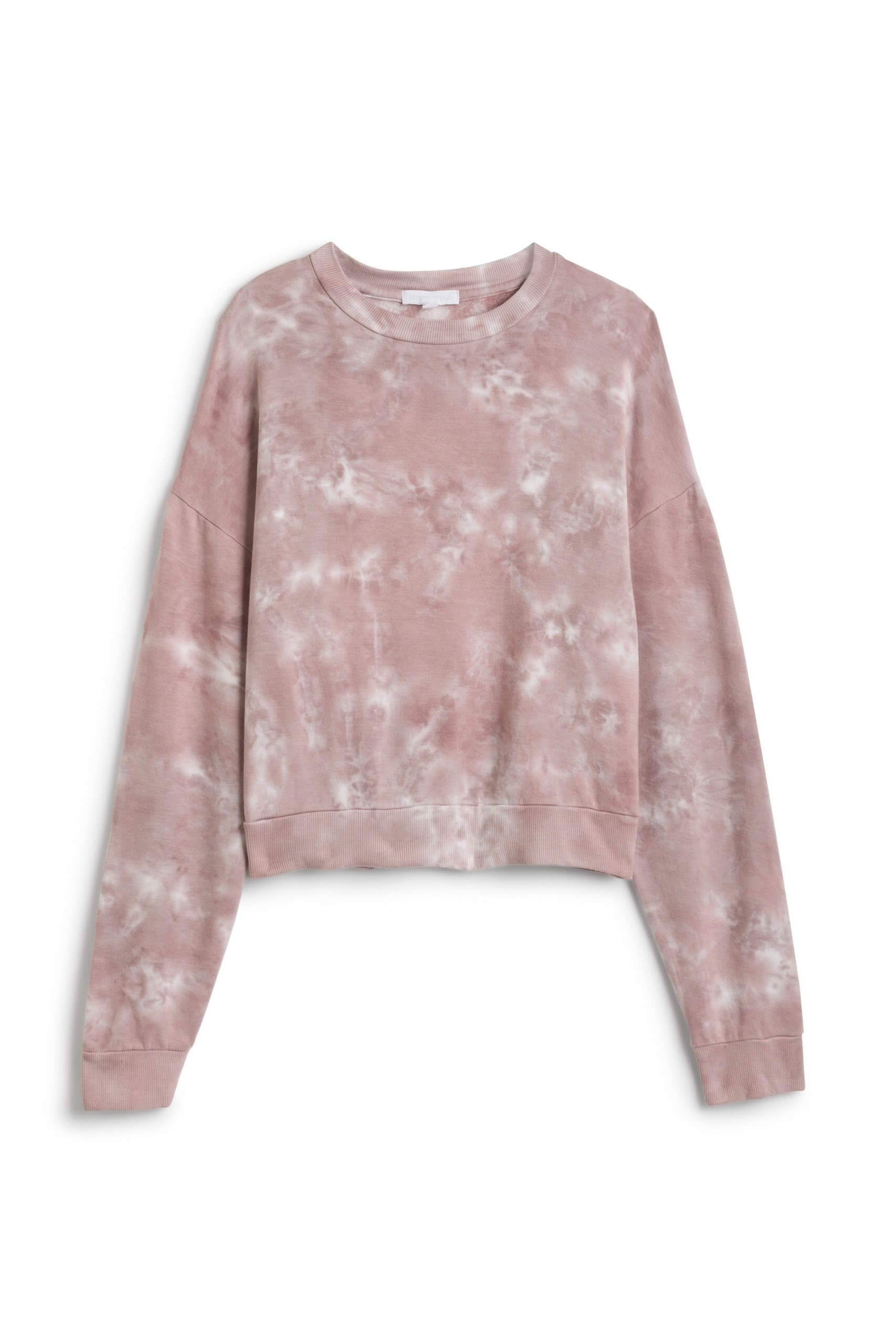 Stitch Fix women’s cropped long-sleeve pink and white tie-dye pullover.
