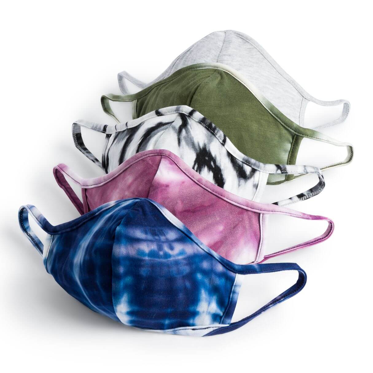 Stitch Fix Women’s Masks in blue tie-dye, pink tie-dye, black tie-dye, olive green tie-dye and light grey.