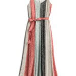 Stitch Fix tie-waist maxi dress in pink, light blue, beige and navy vertical stripes with ditsy floral prints.