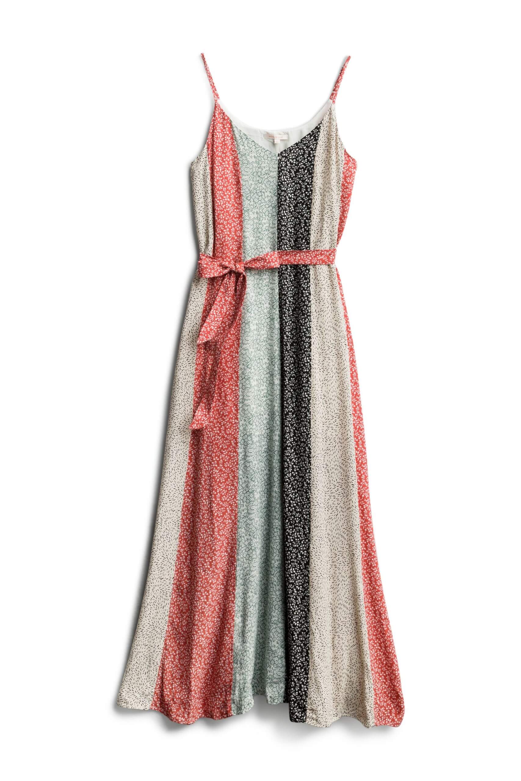 Stitch Fix tie-waist maxi dress in pink, light blue, beige and navy vertical stripes with ditsy floral prints.