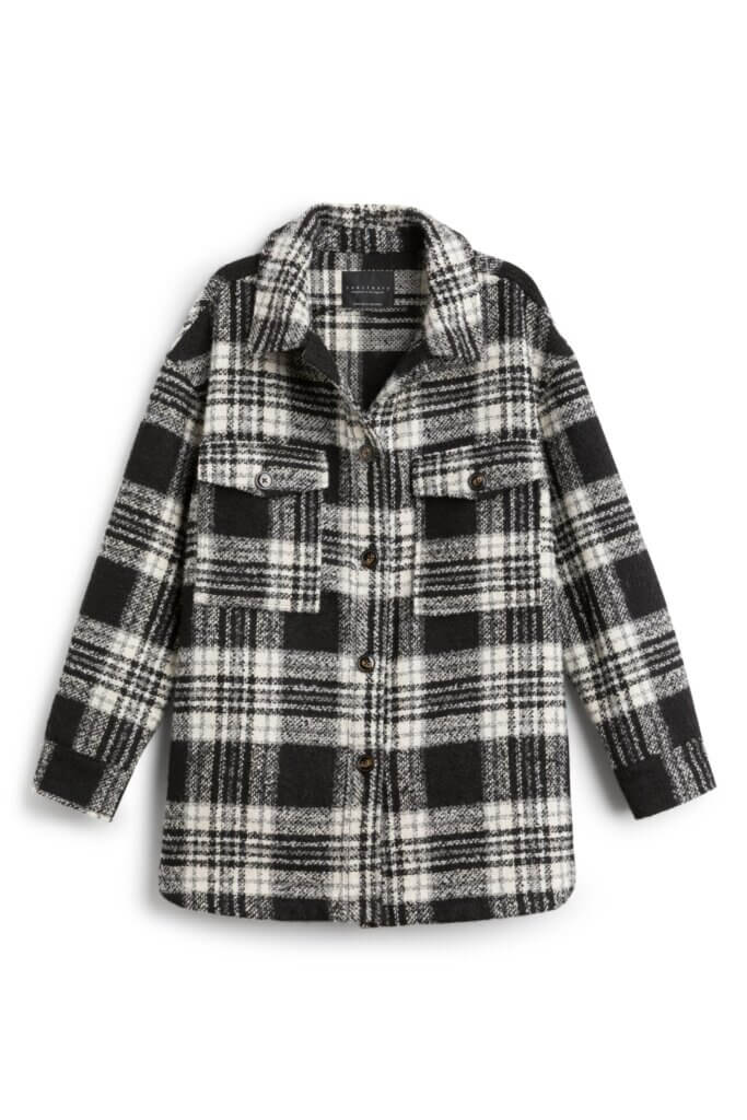 Stitch Fix women's black and white plaid button-down shacket.