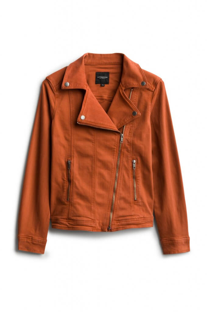 Stitch Fix women’s burnt orange denim moto jacket.