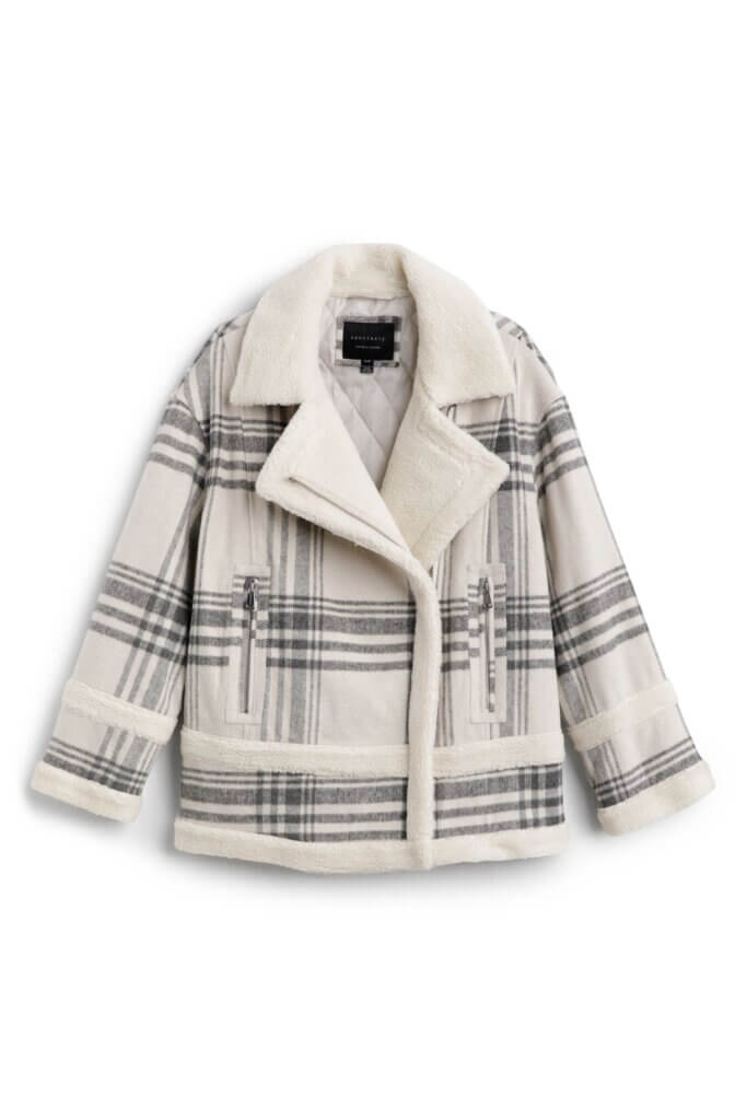 Stitch Fix women's cream and gray plaid sherpa-lined jacket.