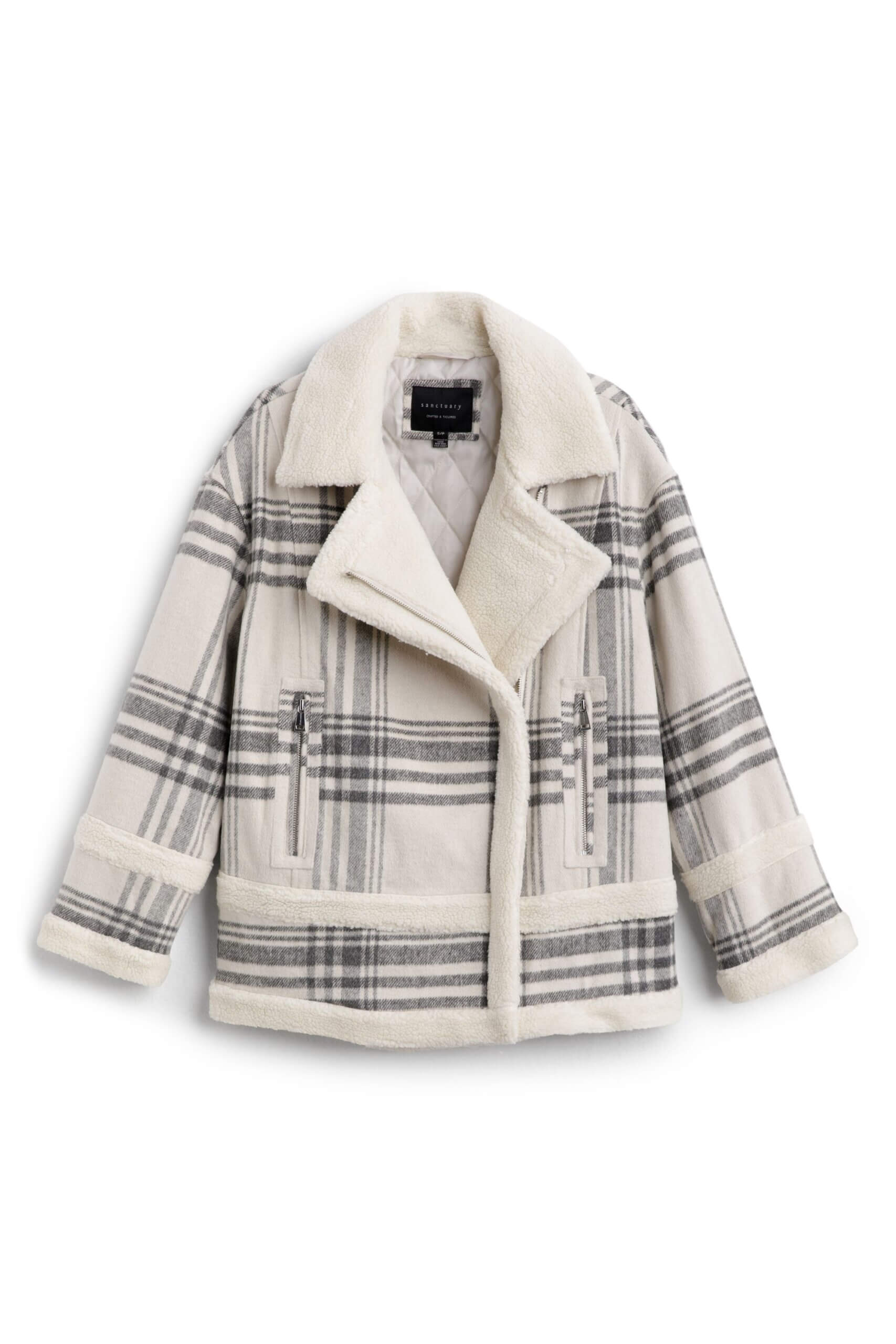 Stitch Fix women's cream and gray plaid sherpa-lined jacket.