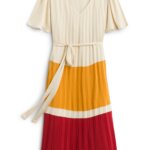 Stitch Fix Summer Cocktail Attire beige midi dress with tie-waist, orange and red color-blocking print on skirt.