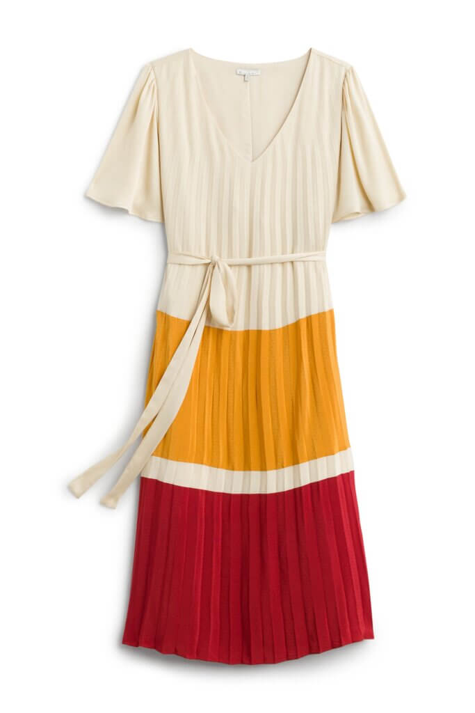 Stitch Fix Summer Cocktail Attire beige midi dress with tie-waist, orange and red color-blocking print on skirt.