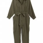Stitch Fix women’s olive green long-sleeve jumpsuit with tie-waist.