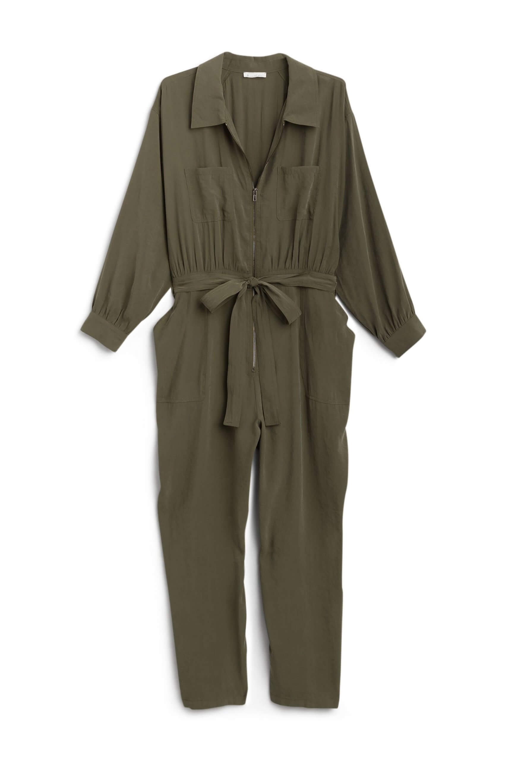 Stitch Fix women’s olive green long-sleeve jumpsuit with tie-waist.