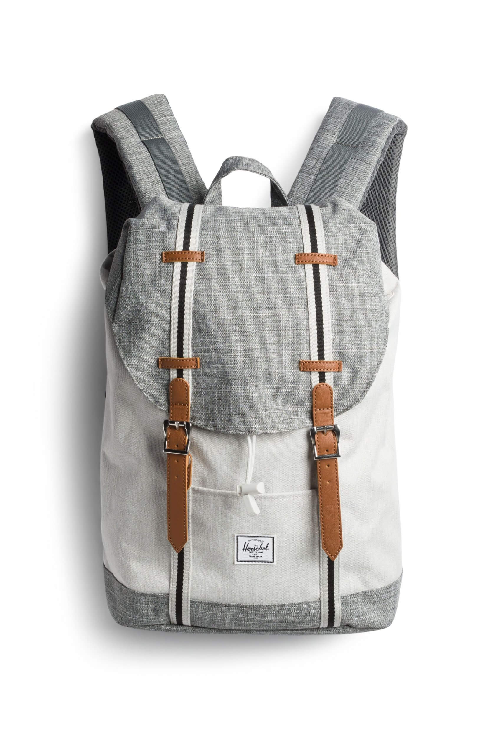 Stitch Fix women’s grey backpack with brown leather straps.