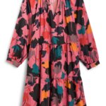 Stitch Fix Summer Cocktail Attire pink tiered shift dress in abstract graphic leaf print with long sleeves.