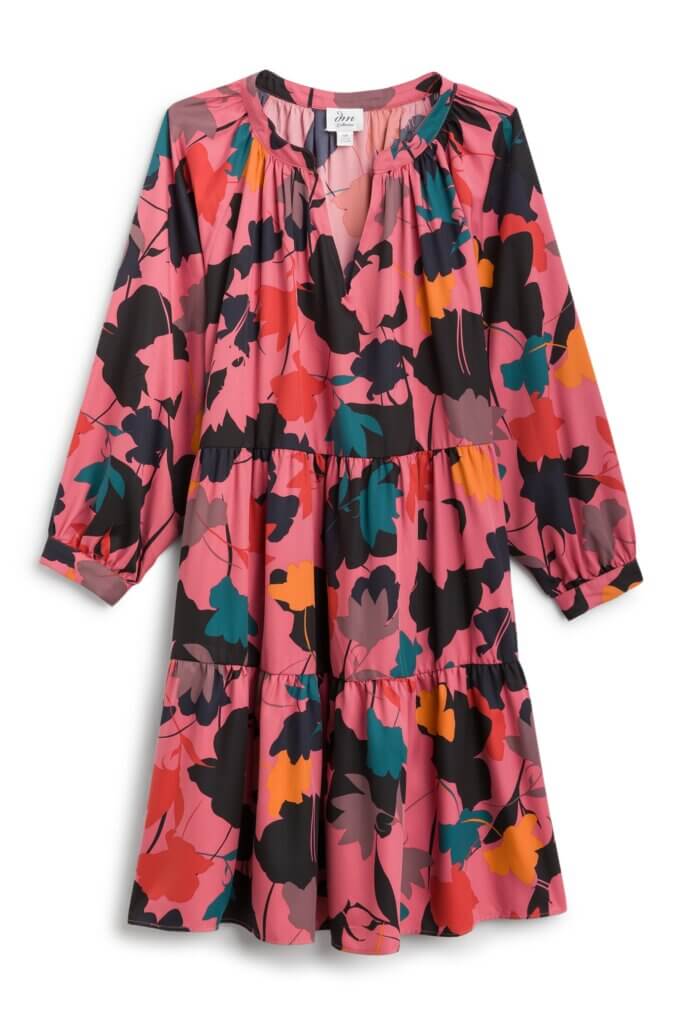 Stitch Fix Summer Cocktail Attire pink tiered shift dress in abstract graphic leaf print with long sleeves.