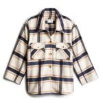Stitch Fix women's cream, navy blue and orange plaid button-down shacket. 