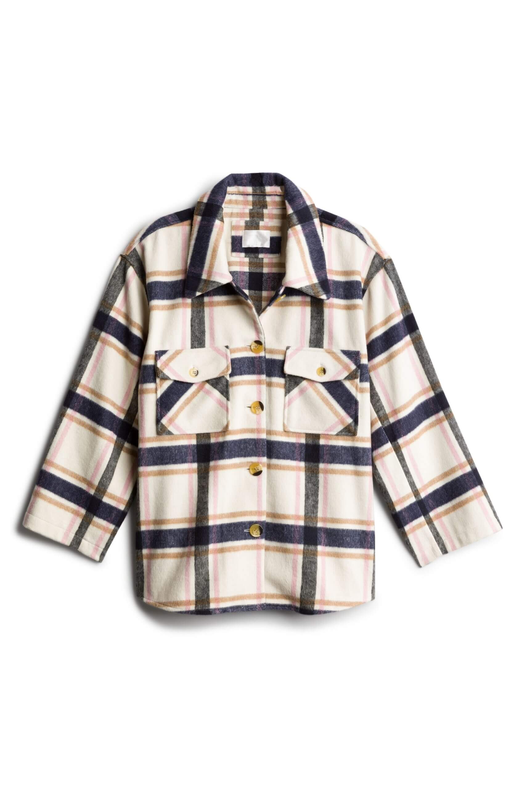 Stitch Fix women's cream, navy blue and orange plaid button-down shacket.