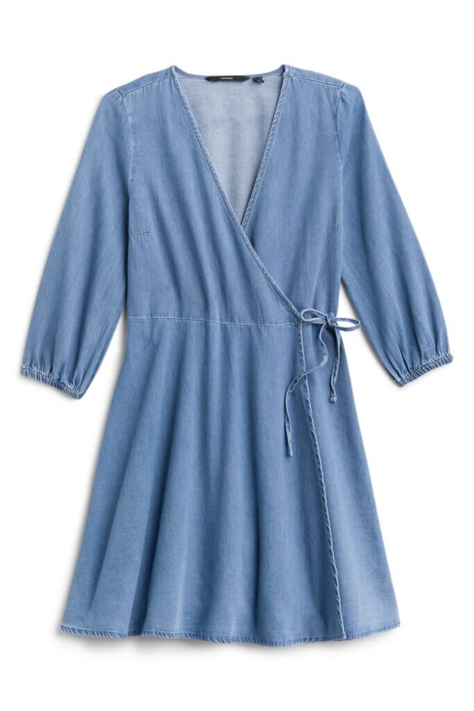 Stitch Fix women’s denim three-quarter sleeve wrap dress.