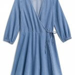 Stitch Fix Women’s chambray knee-length wrap dress with three-quarter sleeves and tie-waist detail.