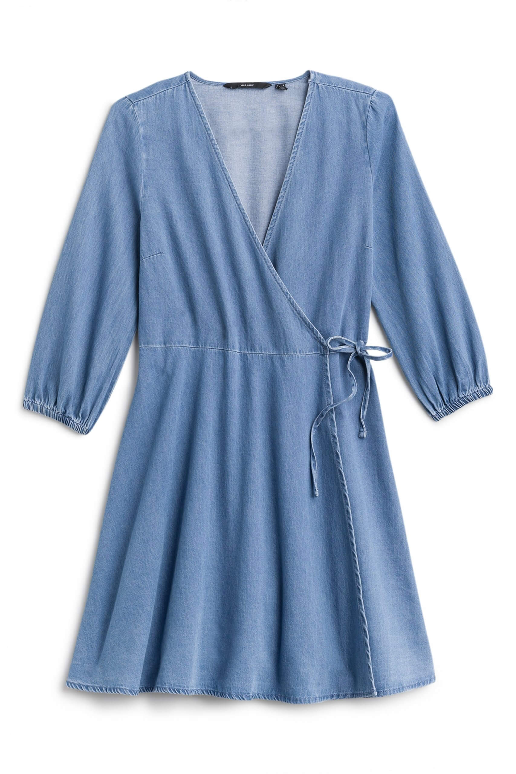 Stitch Fix Women’s chambray knee-length wrap dress with three-quarter sleeves and tie-waist detail.