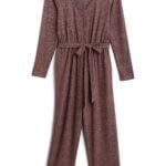 Stitch Fix Women’s Collection featuring red knit long-sleeve jumpsuit with tie waist detail.