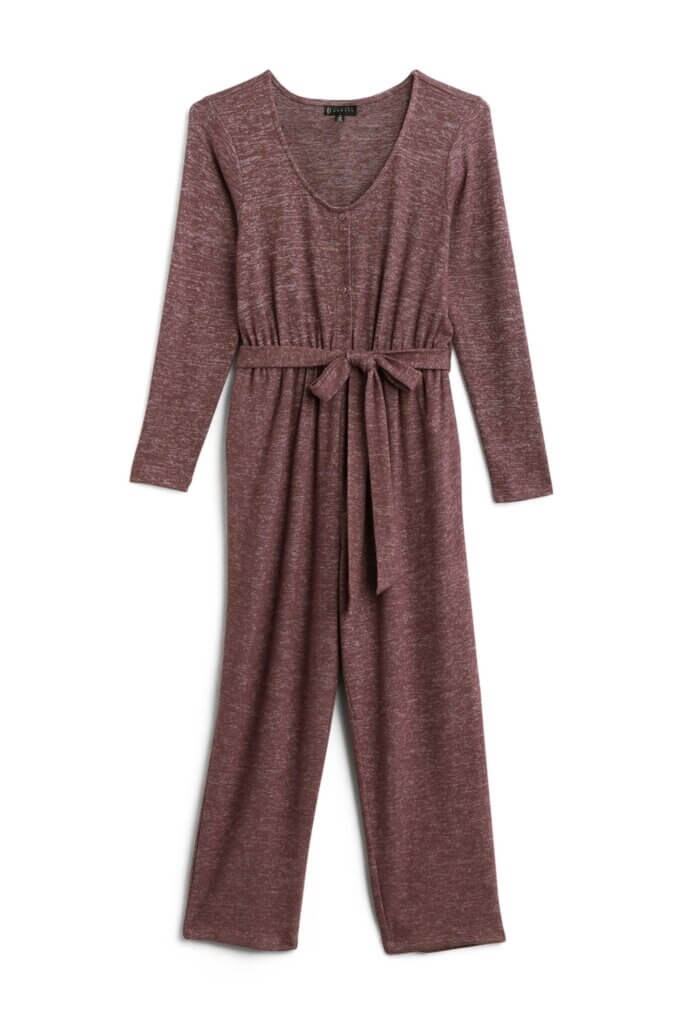 Stitch Fix Women’s Collection featuring red knit long-sleeve jumpsuit with tie waist detail.