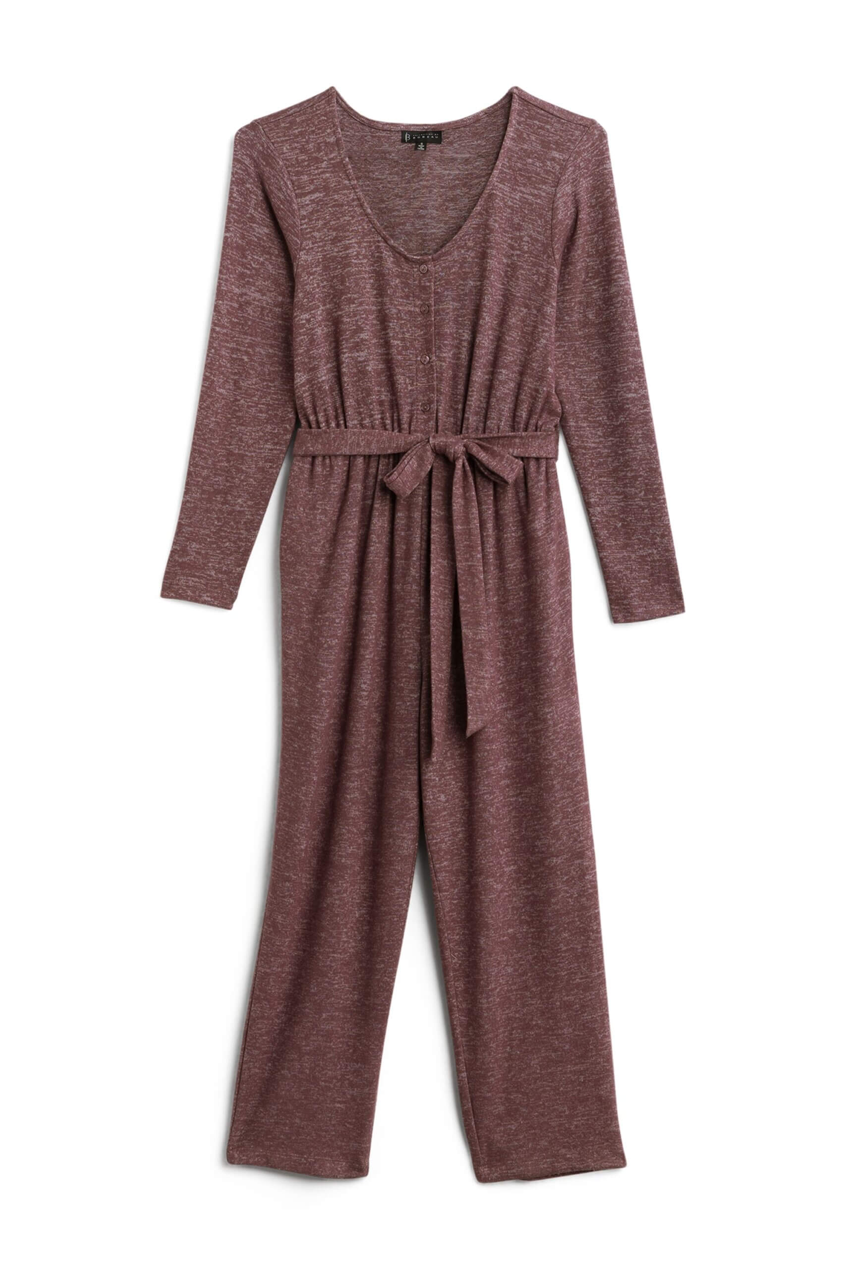 Stitch Fix Women’s Collection featuring red knit long-sleeve jumpsuit with tie waist detail.