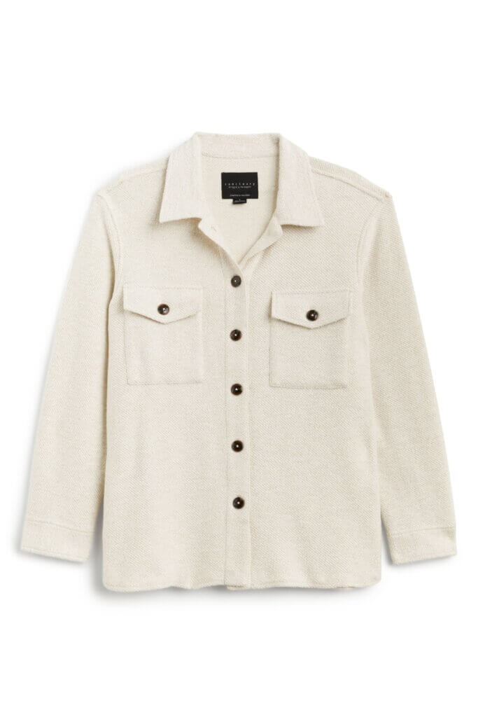 Stitch Fix women's cream button-front shacket.