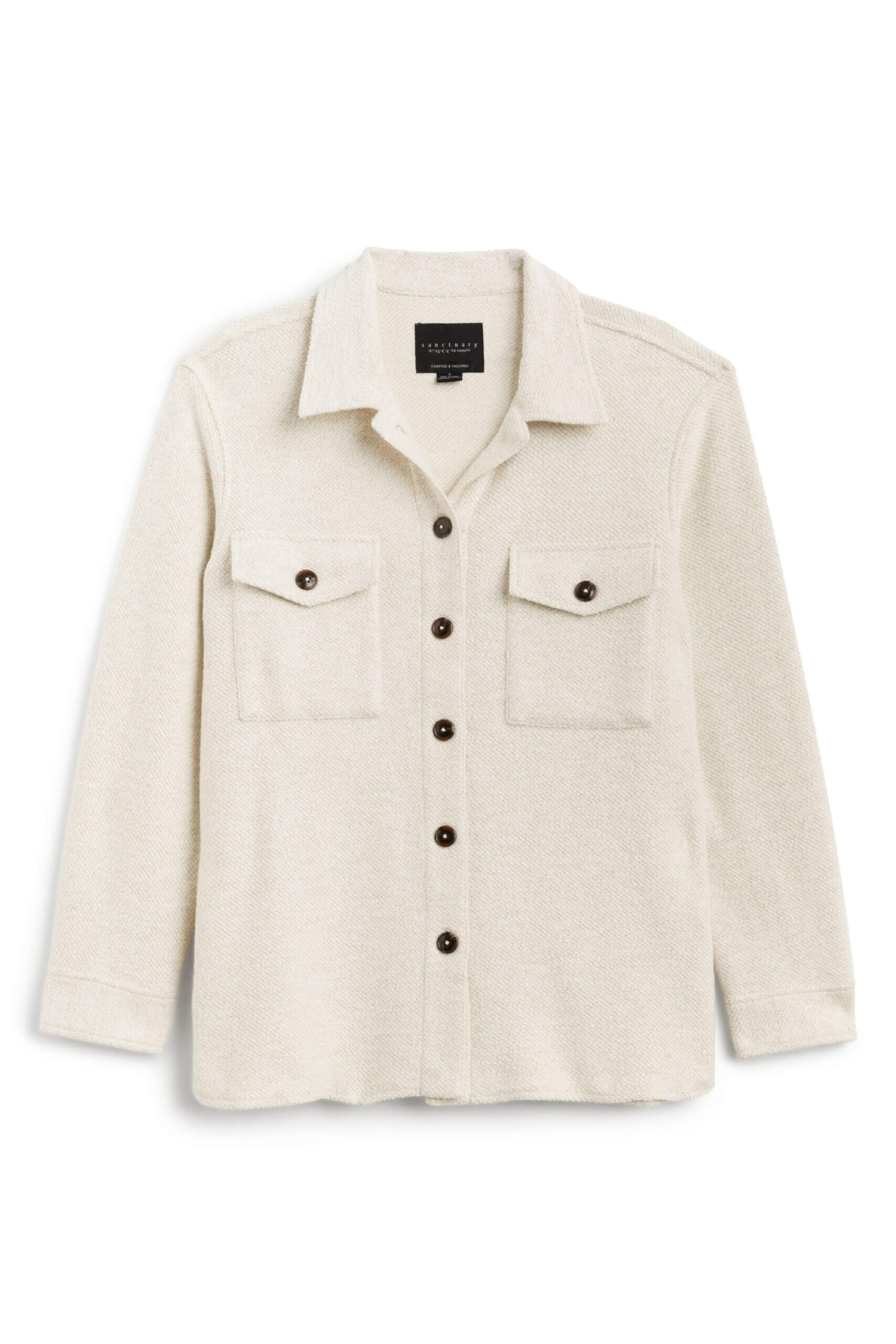 Stitch Fix women's cream button-front shacket.