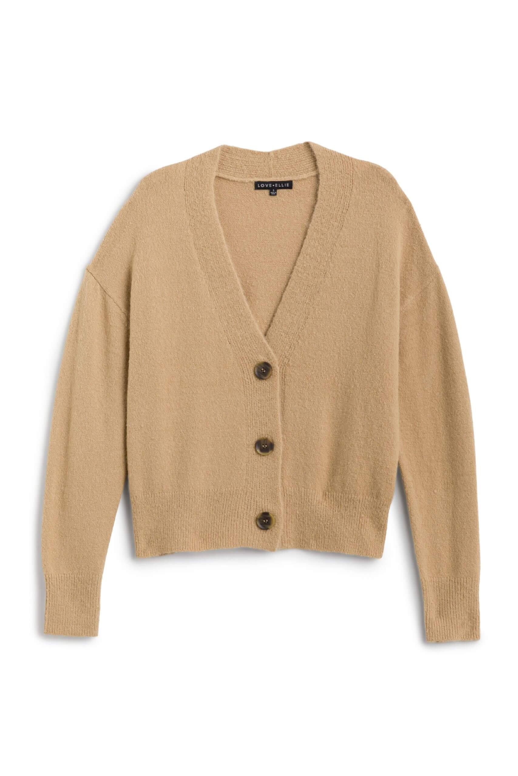 Stitch Fix women’s tan button-up cardigan.