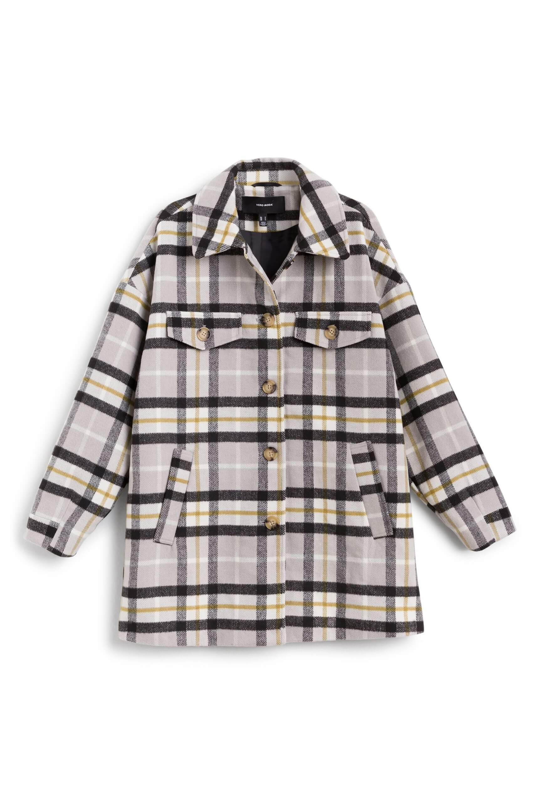Stitch Fix women's purple, navy blue, cream and yellow plaid, button-front shacket.
