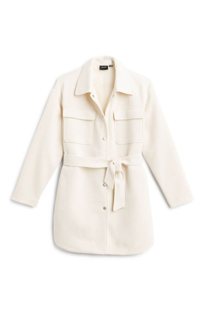 Stitch Fix women's white belted shacket.