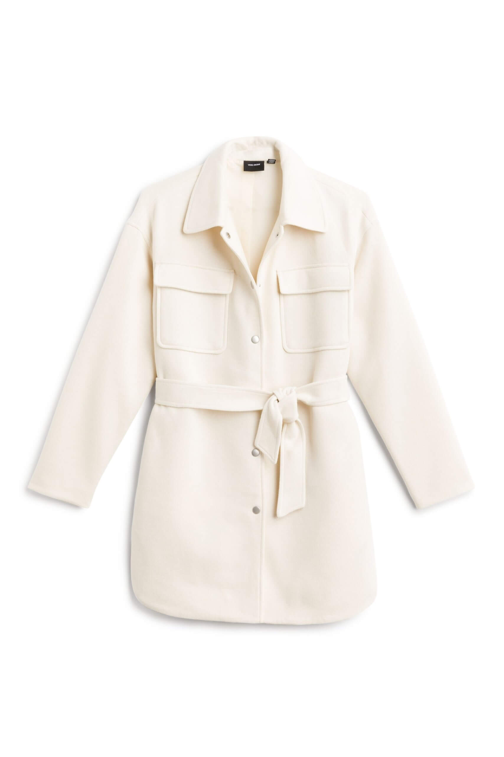 Stitch Fix women's white belted shacket.