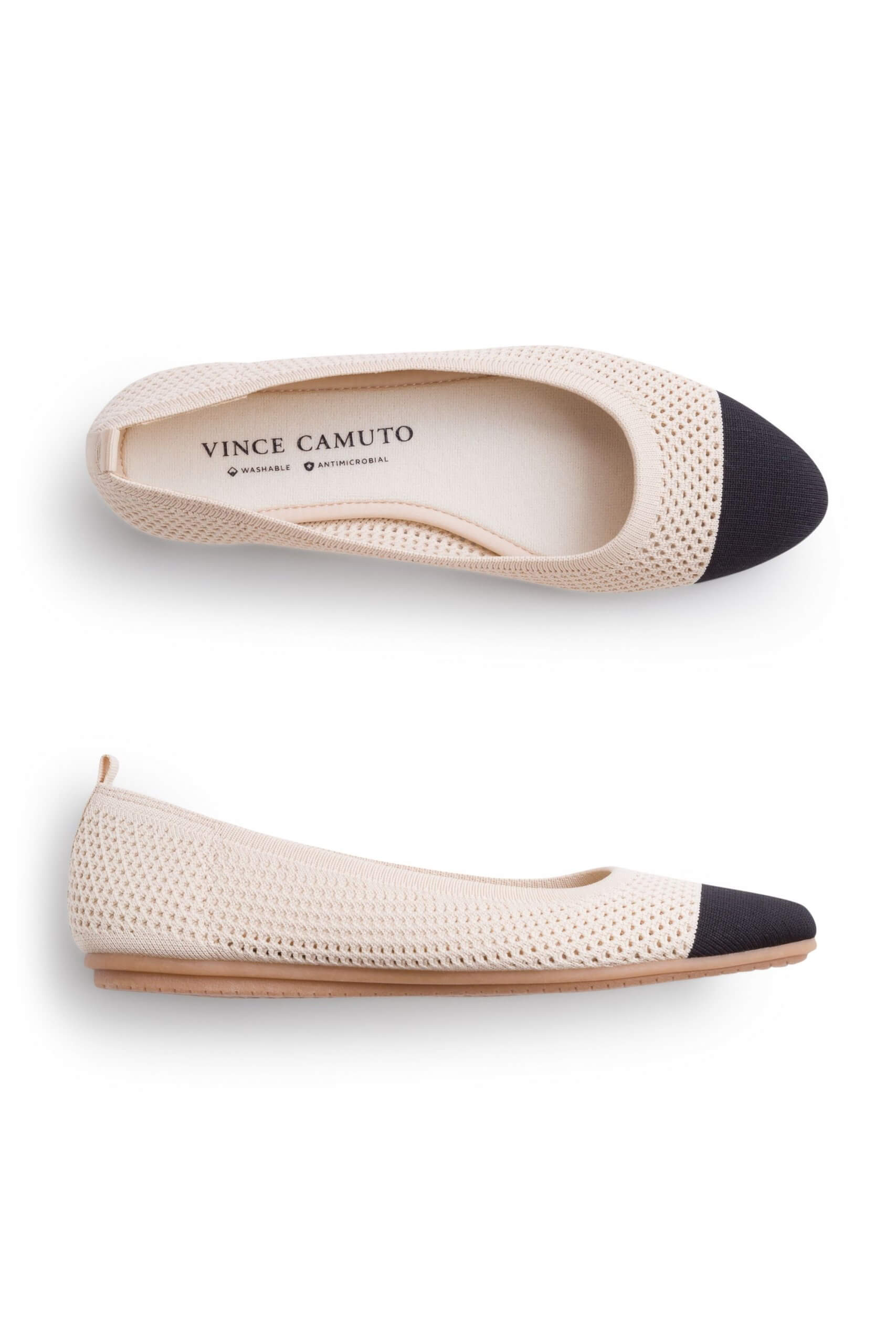 Stitch Fix women’s beige flyknit ballet flats with black round toe.