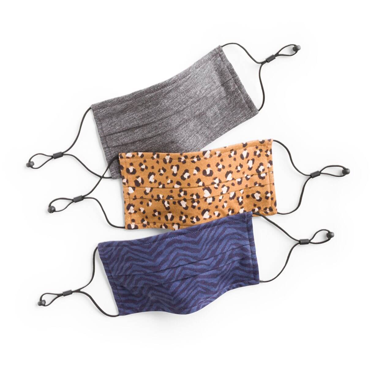 Alt text for this image: Stitch Fix Women’s Masks in grey, animal print and navy blue.