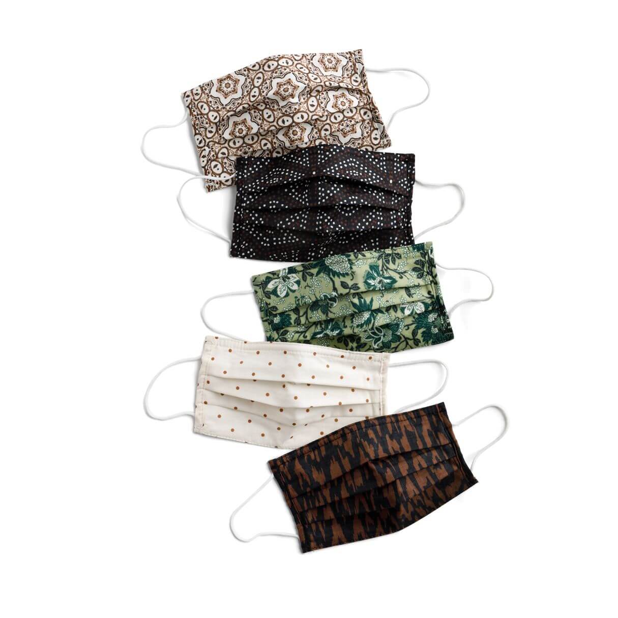 Stitch Fix Women’s Masks in boho prints with brown and black Ikat, green floral, navy paisley, beige polka dots.