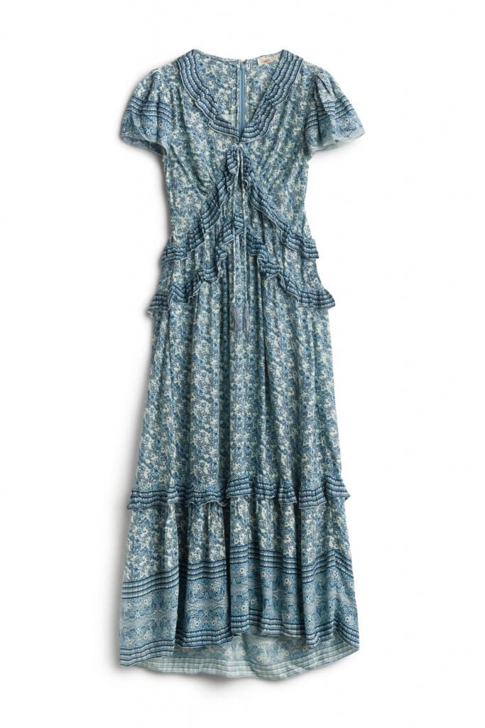 Stitch Fix women’s ruffled green and blue maxi dress.