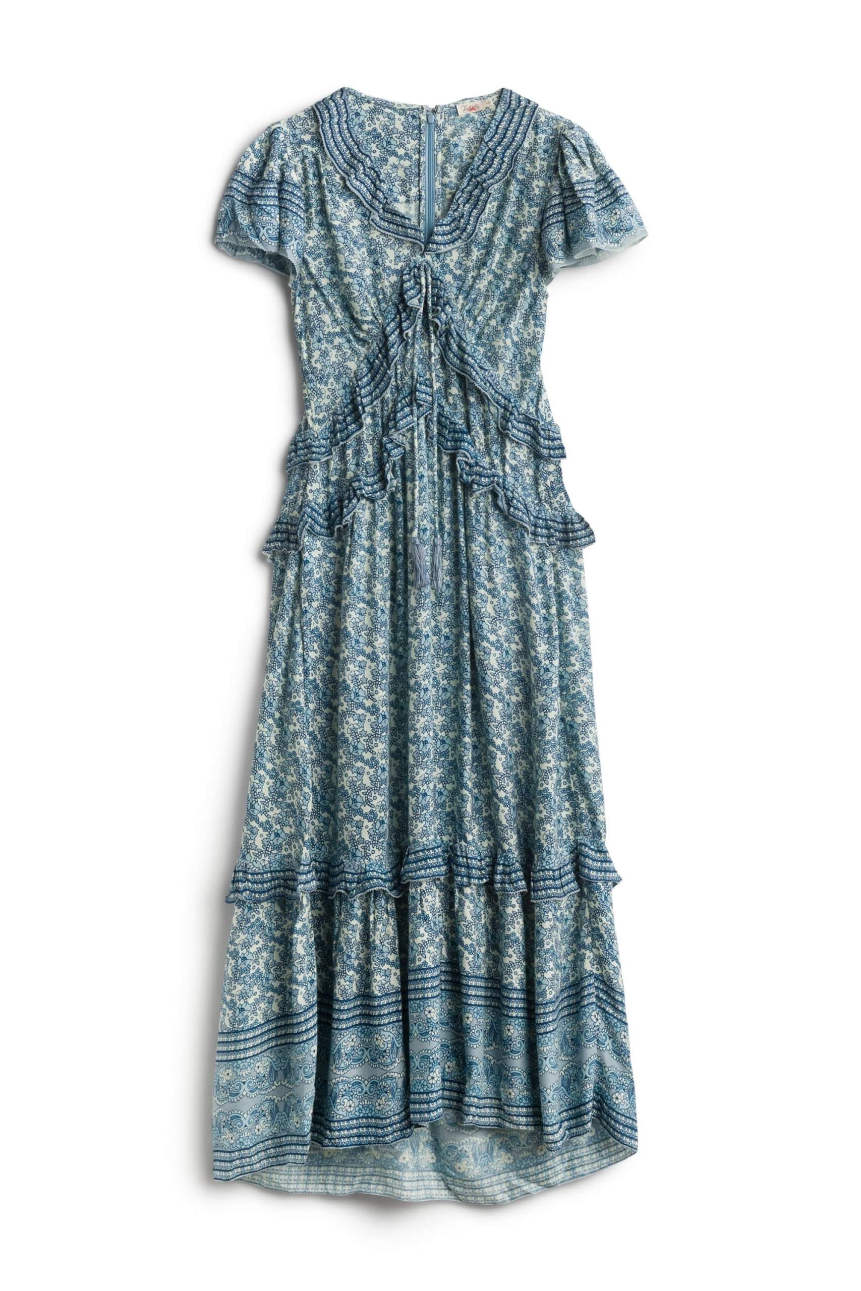 Stitch Fix Women’s printed blue tiered maxi dress with ruffle detail.