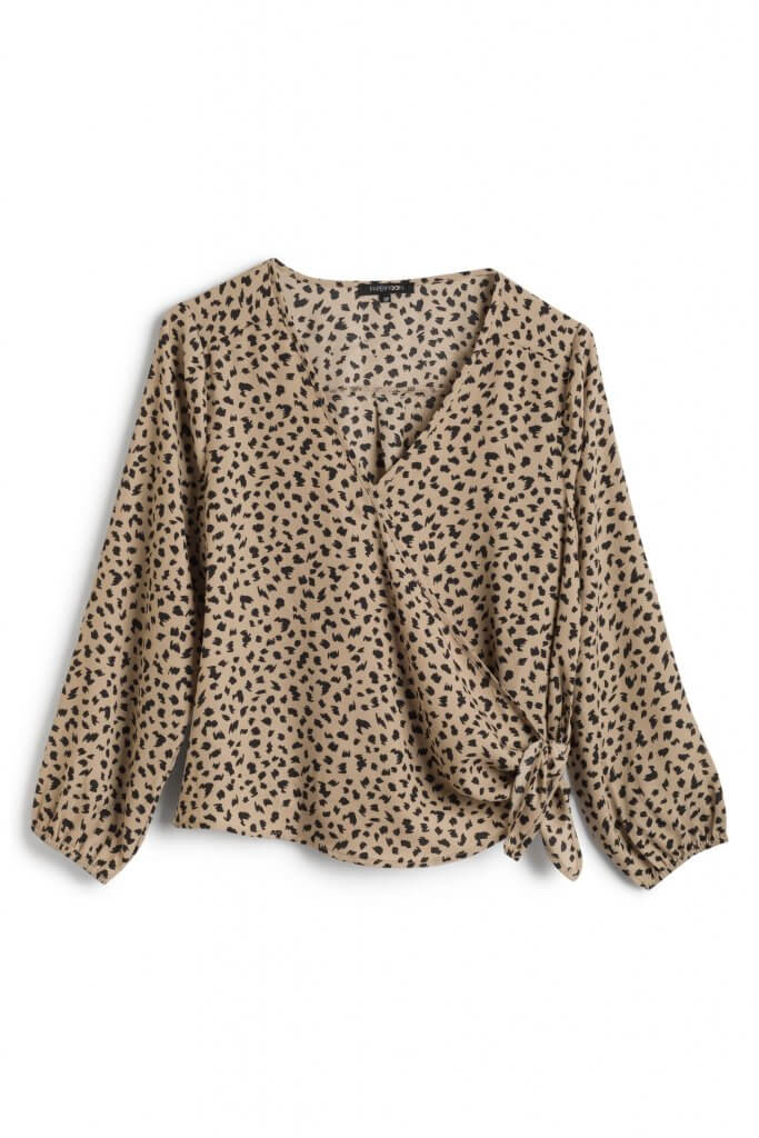 Stitch Fix Women’s long-sleeve leopard print wrap blouse with side knot.