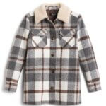 Stitch Fix women's brown, gray and white button-down shacket with sherpa collar.