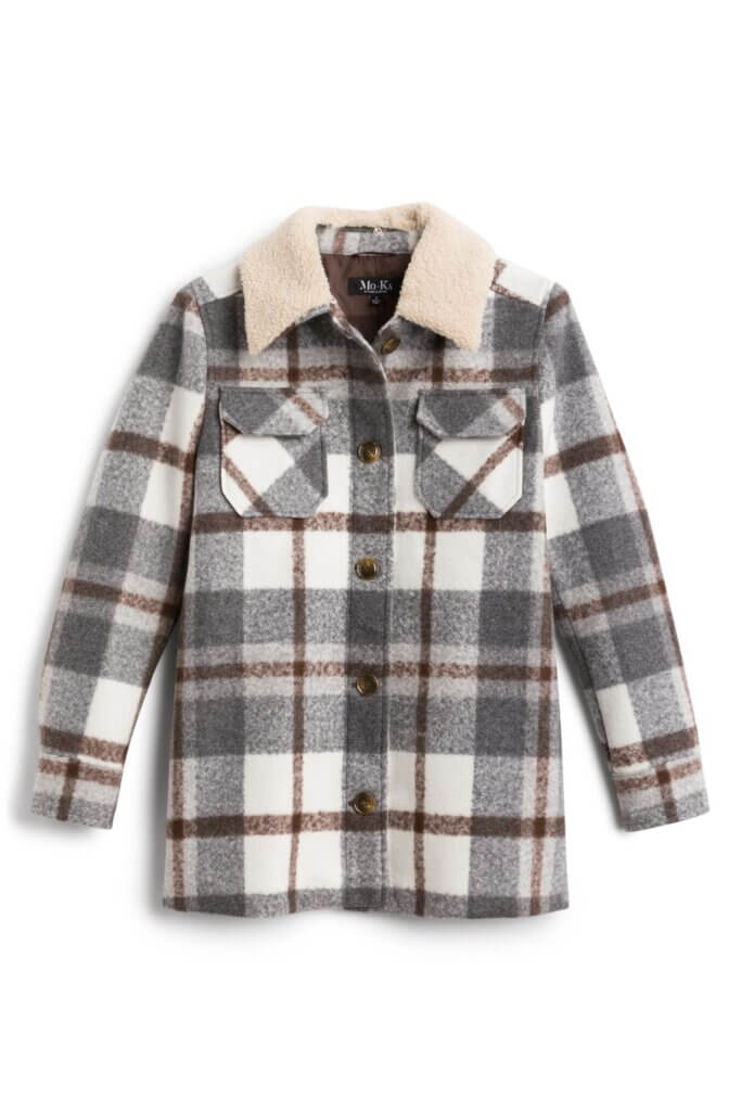 Stitch Fix women's brown, gray and white button-down shacket with sherpa collar.