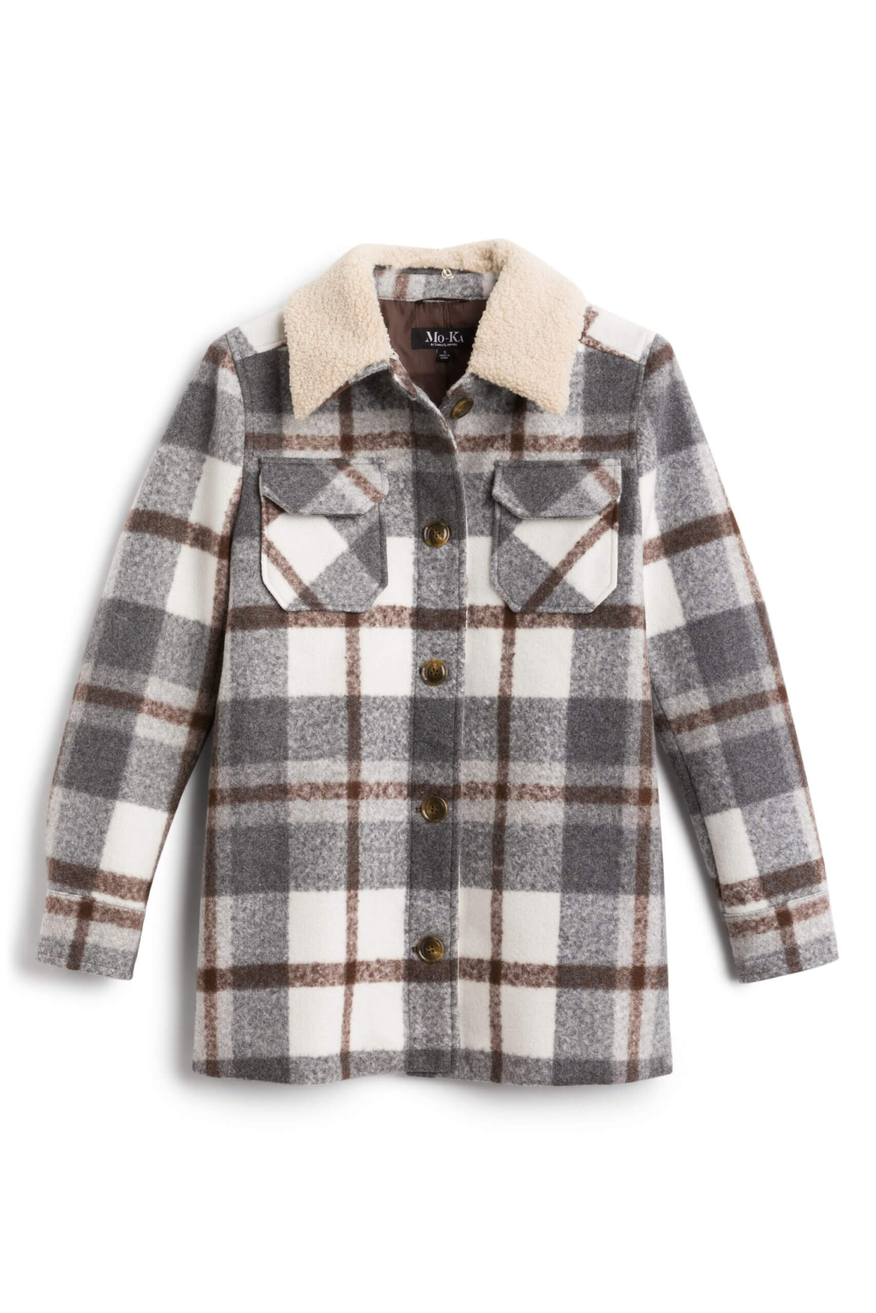 Stitch Fix women's brown, gray and white button-down shacket with sherpa collar.