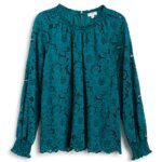 Stitch Fix women’s teal green lace blouse with ruffle cuff detail.