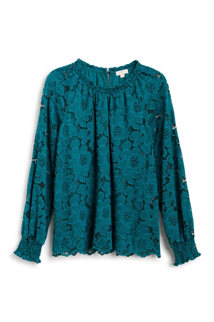 Stitch Fix women’s teal green lace blouse with ruffle cuff detail.