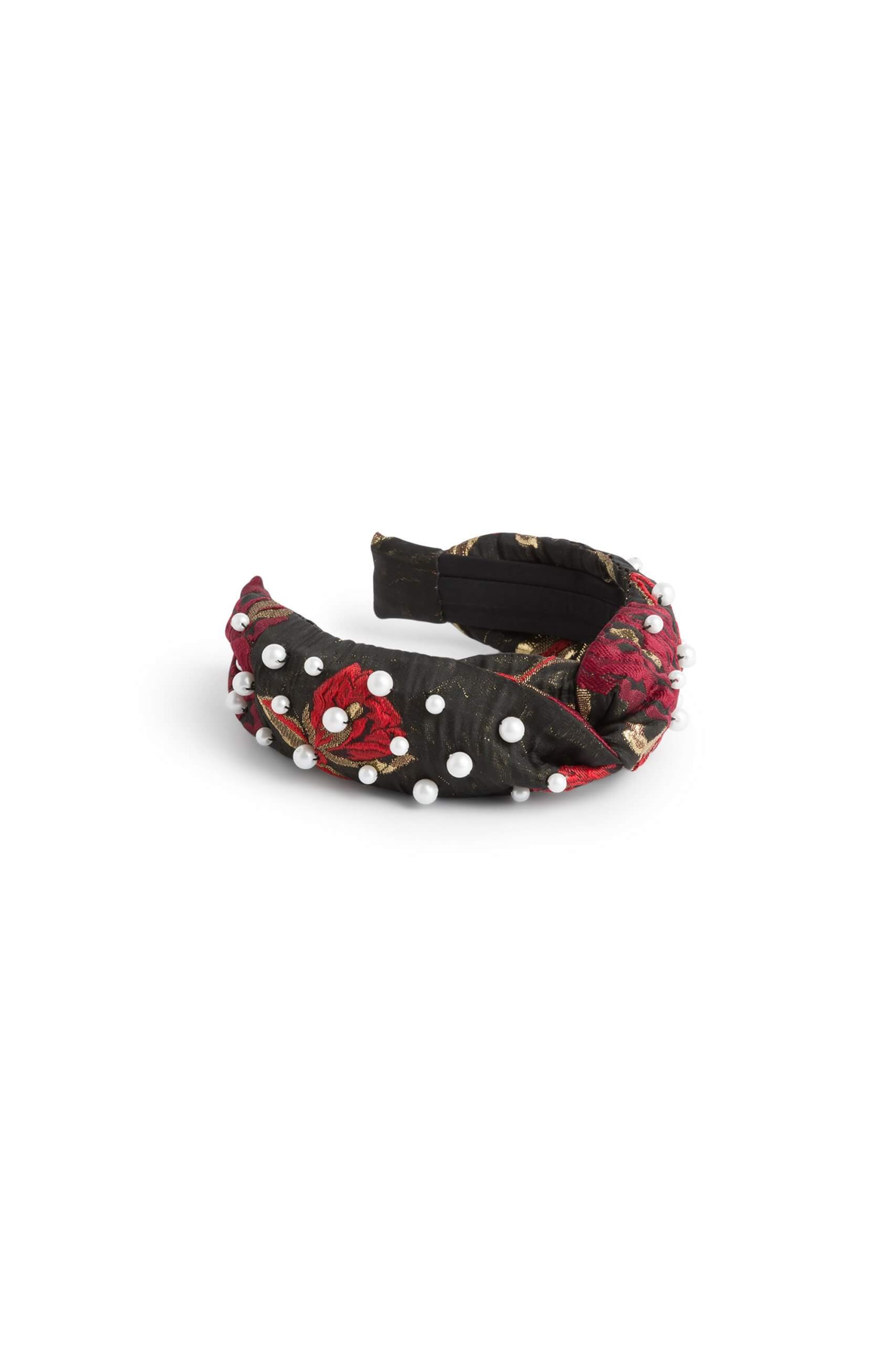 Stitch Fix women’s black headband with red rose floral print, fabric ruching and pearl stud detail.